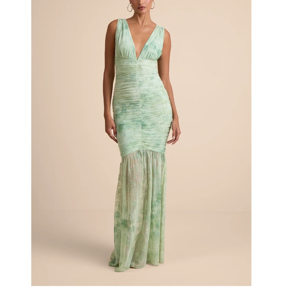 Lulus Jamie Mint Green Floral Mesh Sheer Hem Maxi Dress - Size S